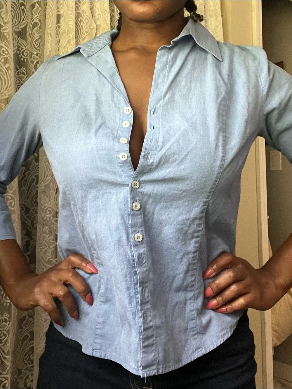 Harve Benard Light Blue Button-Front Collared Shirt 100% cotton